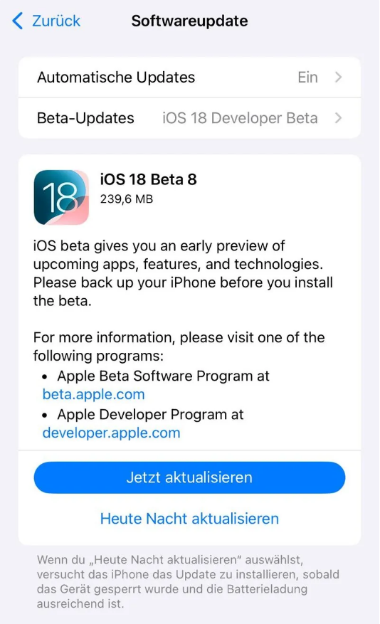 蠡县苹果手机维修分享苹果 iOS / iPadOS 18 开发者预览版 Beta 8 发布 